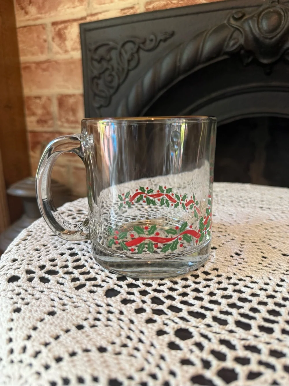 Vtg Libbey Holly Ribbon Christmas Clear Glass Mugs Gold Rim 12 Ounce Set f 4 USA